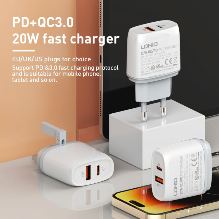 LDNIO Q229 QC3.0 / PD20W USB + Type-C Fast Charger with 1m USB to 8 Pin Cable, Plug Type:UK Plug(White) - USB Charger by LDNIO | Online Shopping UK | buy2fix