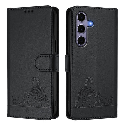 For Samsung Galaxy S25 5G Cat Rat Embossed RFID Leather Phone Case with Lanyard(Black) - Galaxy S25 5G Cases by buy2fix | Online Shopping UK | buy2fix