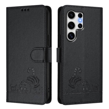 For Samsung Galaxy S25 Ultra 5G Cat Rat Embossed RFID Leather Phone Case with Lanyard(Black) - Galaxy S25 Ultra 5G Cases by buy2fix | Online Shopping UK | buy2fix