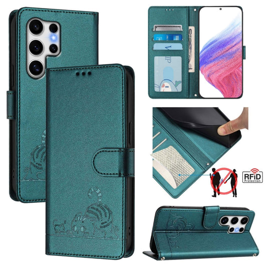 For Samsung Galaxy S25 Ultra 5G Cat Rat Embossed RFID Leather Phone Case with Lanyard(Peacock Green) - Galaxy S25 Ultra 5G Cases by buy2fix | Online Shopping UK | buy2fix