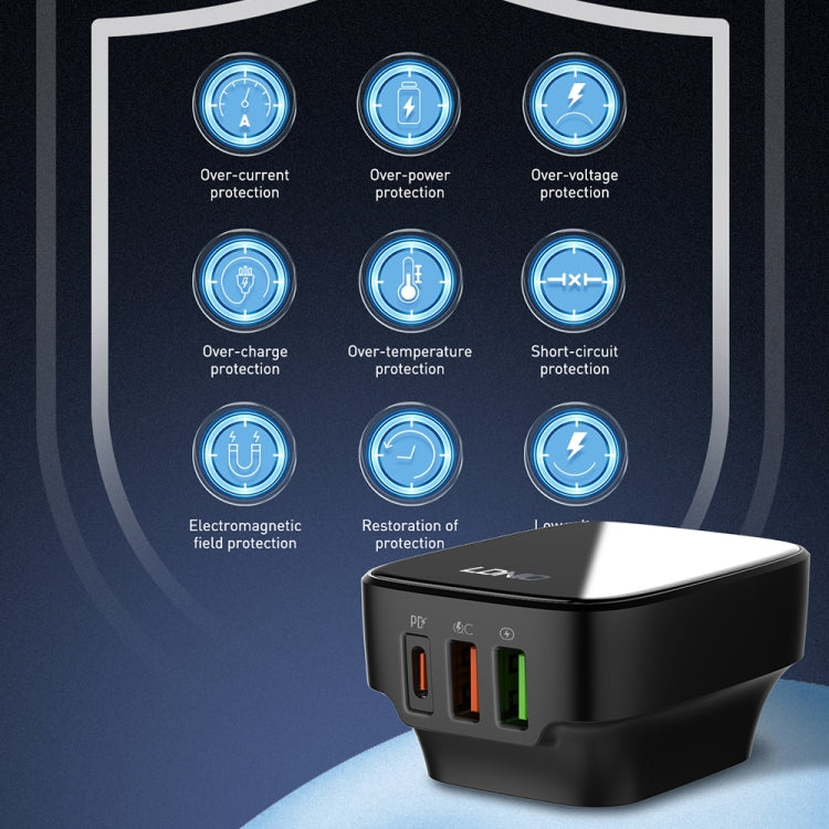 LDNIO Q334 32W Type-C + Dual USB Port Charger with 1m 8 Pin Data Cable, Plug Type:US Plug(Black) - USB Charger by LDNIO | Online Shopping UK | buy2fix