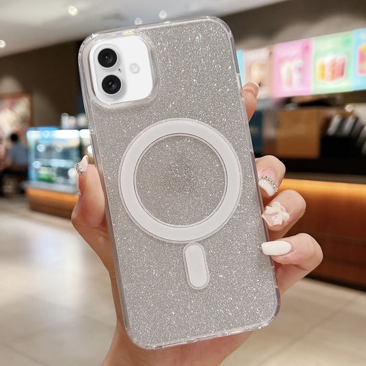 For iPhone 16 Plus Acrylic Transparent Glitter MagSafe Phone Case(Silver) - iPhone 16 Plus Cases by buy2fix | Online Shopping UK | buy2fix