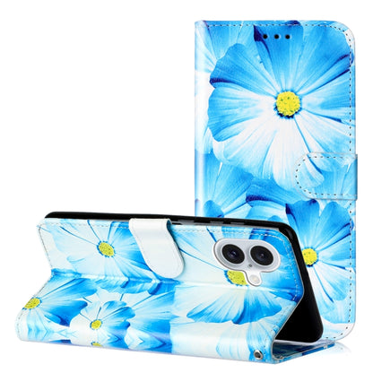 For iPhone 16 Colored Drawing Marble Pattern Leather Phone Case(Blue Flower) - iPhone 16 Cases by buy2fix | Online Shopping UK | buy2fix