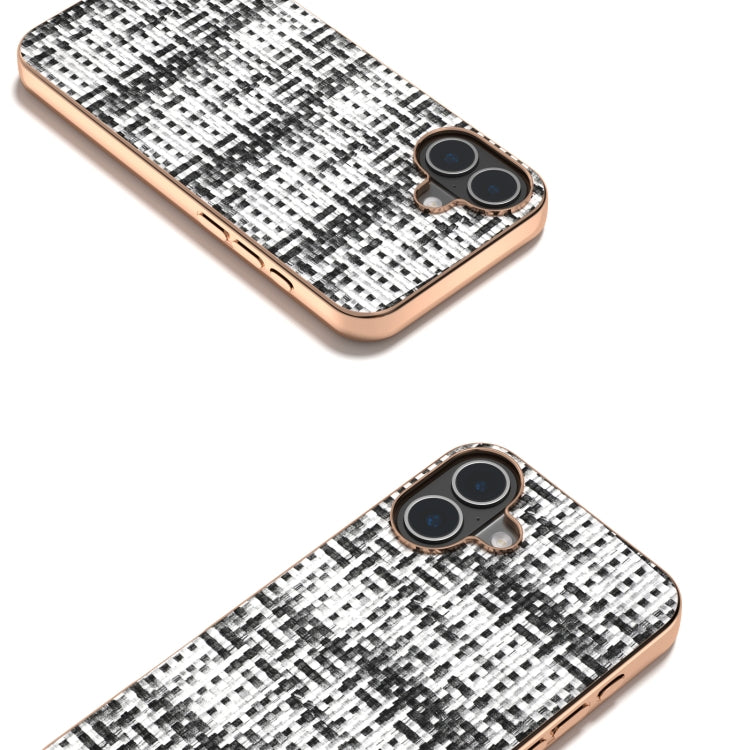 For iPhone 16 Electroplated Frame Color Lattice Texture PU Phone Case(Black) - iPhone 16 Cases by buy2fix | Online Shopping UK | buy2fix