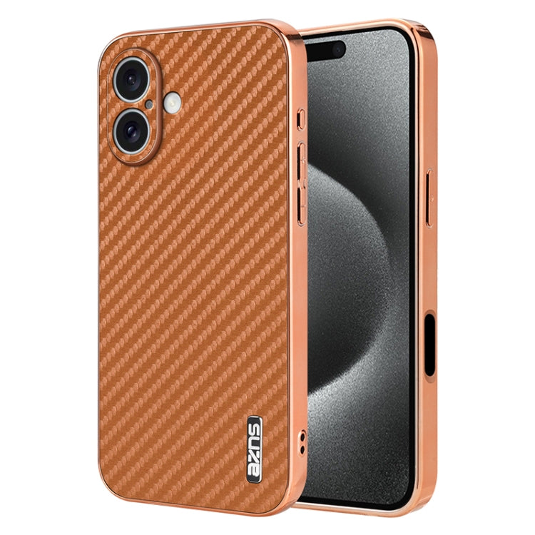 For iPhone 16 Plus AZNS Electroplated Edge Carbon Fiber Texture Phone Case(Brown) - iPhone 16 Plus Cases by AZNS | Online Shopping UK | buy2fix