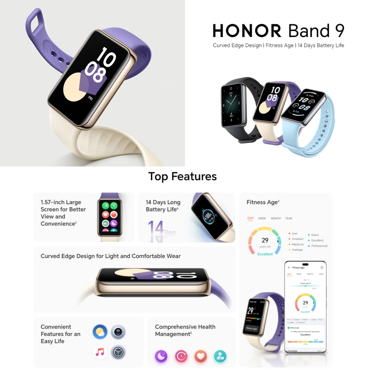 Honor Band 9, 1.57 inch AMOLED Screen, Support Heart Rate / Blood Oxygen / Sleep Monitoring, NFC Version(Purple) - Wearable Devices by Huawei | Online Shopping UK | buy2fix