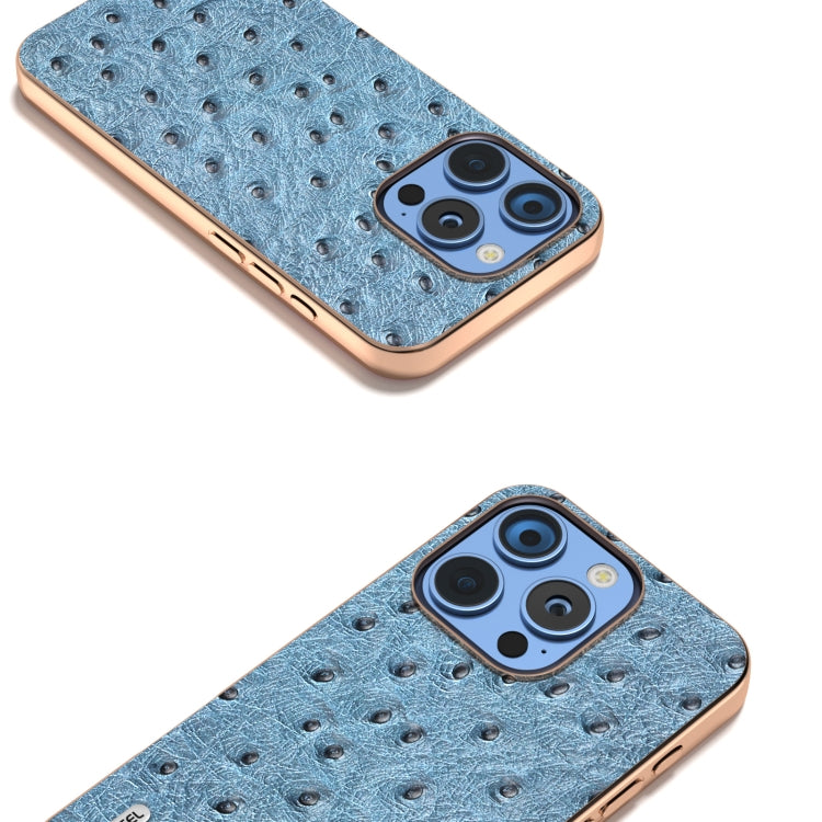 For iPhone 16 Pro Max ABEEL Electroplating Frame Genuine Leather Ostrich Texture Phone Case(Dark Blue) - iPhone 16 Pro Max Cases by buy2fix | Online Shopping UK | buy2fix