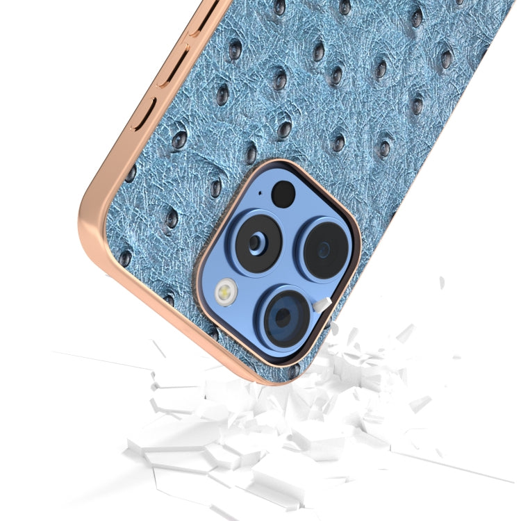 For iPhone 16 Pro Max ABEEL Electroplating Frame Genuine Leather Ostrich Texture Phone Case(Dark Blue) - iPhone 16 Pro Max Cases by buy2fix | Online Shopping UK | buy2fix