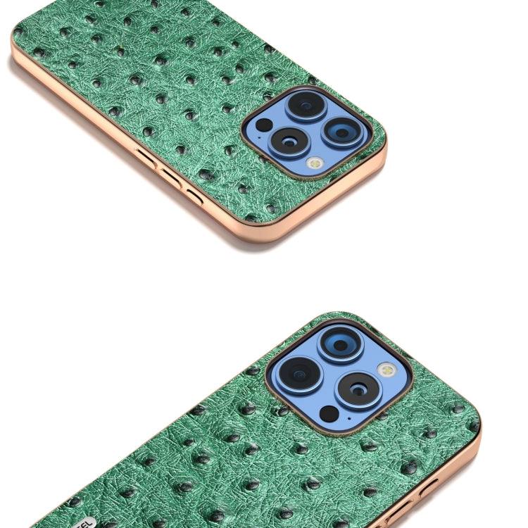 For iPhone 16 Pro ABEEL Electroplating Frame Genuine Leather Ostrich Texture Phone Case(Green) - iPhone 16 Pro Cases by buy2fix | Online Shopping UK | buy2fix