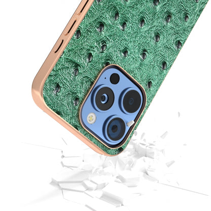 For iPhone 16 Pro ABEEL Electroplating Frame Genuine Leather Ostrich Texture Phone Case(Green) - iPhone 16 Pro Cases by buy2fix | Online Shopping UK | buy2fix