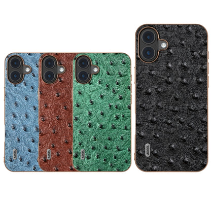 For iPhone 16 ABEEL Electroplating Frame Genuine Leather Ostrich Texture Phone Case(Green) - iPhone 16 Cases by buy2fix | Online Shopping UK | buy2fix