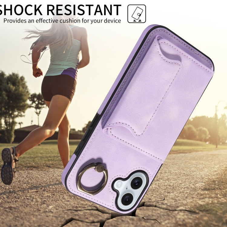 For iPhone 16 Plus Skin Feel Card Bag Phone Case with Ring Buckle(Purple) - iPhone 16 Plus Cases by buy2fix | Online Shopping UK | buy2fix