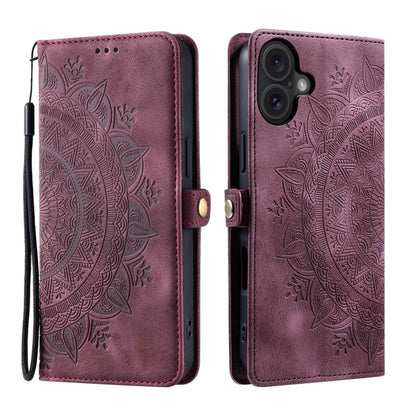 For iPhone 16 Skin Feel Totem Embossed Leather Phone Case(Wine Red) - iPhone 16 Cases by buy2fix | Online Shopping UK | buy2fix