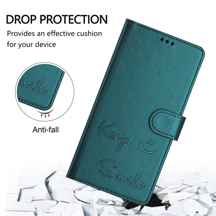 For iPhone 16 Pro Max Smile Embossing RFID Leather Phone Case(Peacock Green) - iPhone 16 Pro Max Cases by buy2fix | Online Shopping UK | buy2fix