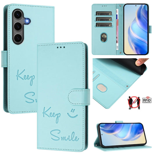 For Samsung Galaxy S25+ 5G Smile Embossing RFID Leather Phone Case(Mint Green) - Galaxy S25+ 5G Cases by buy2fix | Online Shopping UK | buy2fix