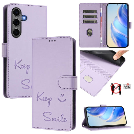 For Samsung Galaxy S25+ 5G Smile Embossing RFID Leather Phone Case(Light Purple) - Galaxy S25+ 5G Cases by buy2fix | Online Shopping UK | buy2fix