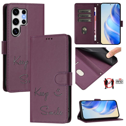 For Samsung Galaxy S25 Ultra 5G Smile Embossing RFID Leather Phone Case(Violet) - Galaxy S25 Ultra 5G Cases by buy2fix | Online Shopping UK | buy2fix