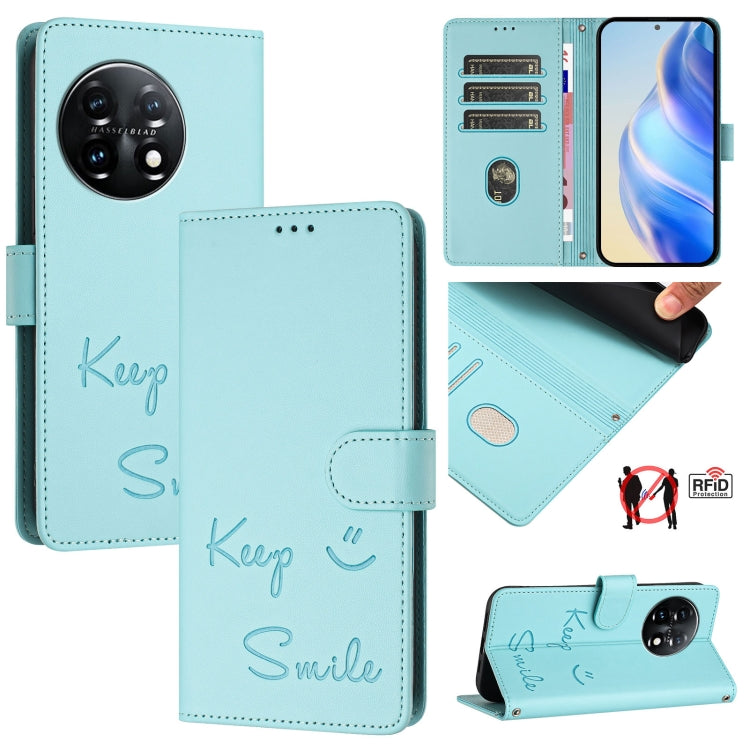 For OnePlus 11 Smile Embossing RFID Leather Phone Case(Mint Green) - OnePlus Cases by buy2fix | Online Shopping UK | buy2fix