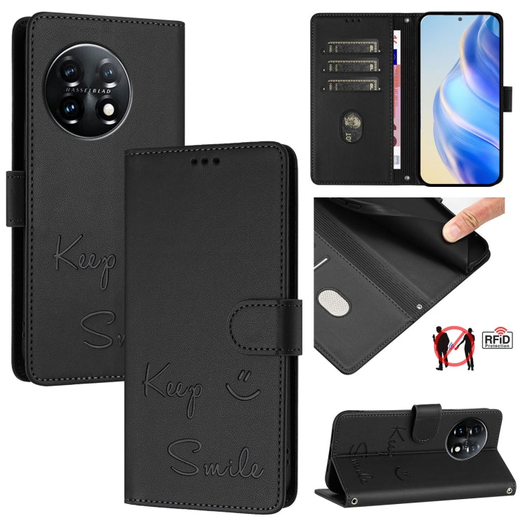 For OnePlus 11 Smile Embossing RFID Leather Phone Case(Black) - OnePlus Cases by buy2fix | Online Shopping UK | buy2fix