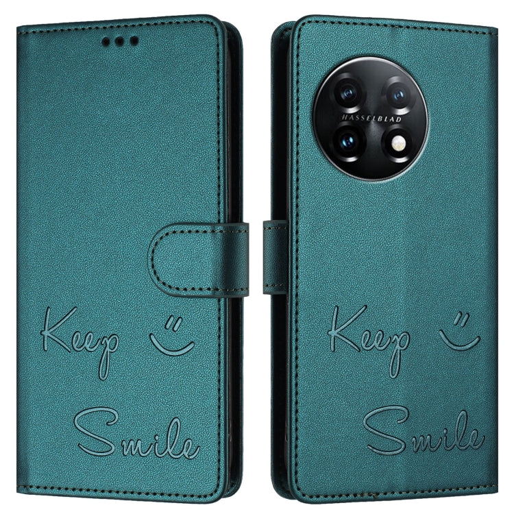 For OnePlus 11 Smile Embossing RFID Leather Phone Case(Peacock Green) - OnePlus Cases by buy2fix | Online Shopping UK | buy2fix