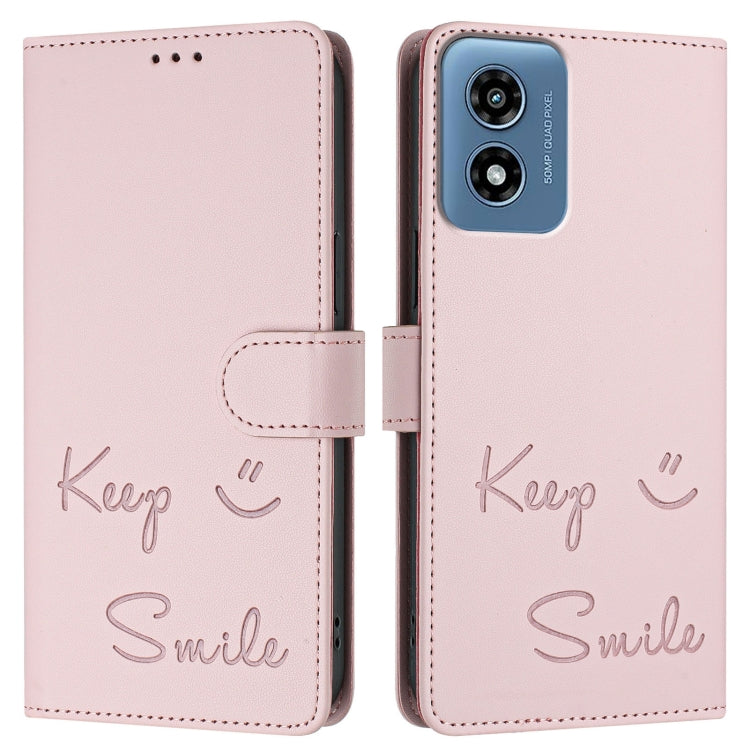 For Motorola Moto G Play 4G 2024 Global Smile Embossing RFID Leather Phone Case(Pink) - Motorola Cases by buy2fix | Online Shopping UK | buy2fix