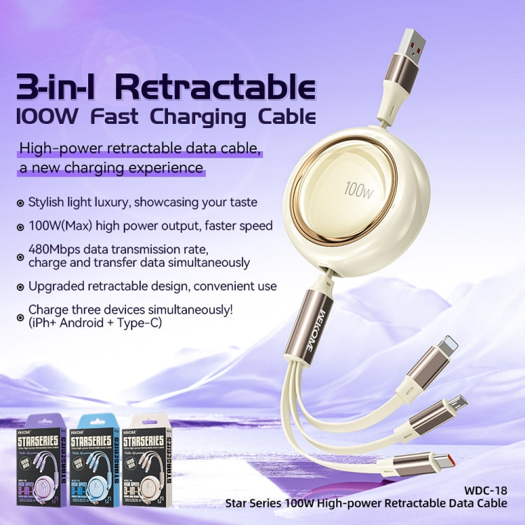 WK WDC-18 Star Series 1.2m 100W USB to 8 Pin / Type-C / Micro USB Retractable Data Cable(Beige) - Multifunction Cable by WK | Online Shopping UK | buy2fix