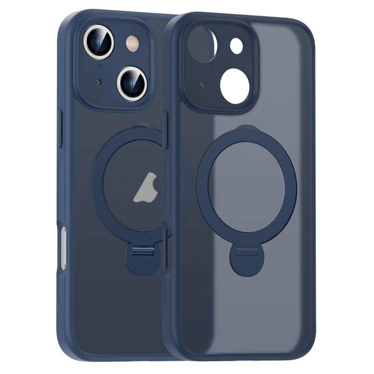 For iPhone 16 Matte Texture 360 Degree Rotary Tone Holder MagSafe Phone Case(Dark Blue) - iPhone 16 Cases by buy2fix | Online Shopping UK | buy2fix