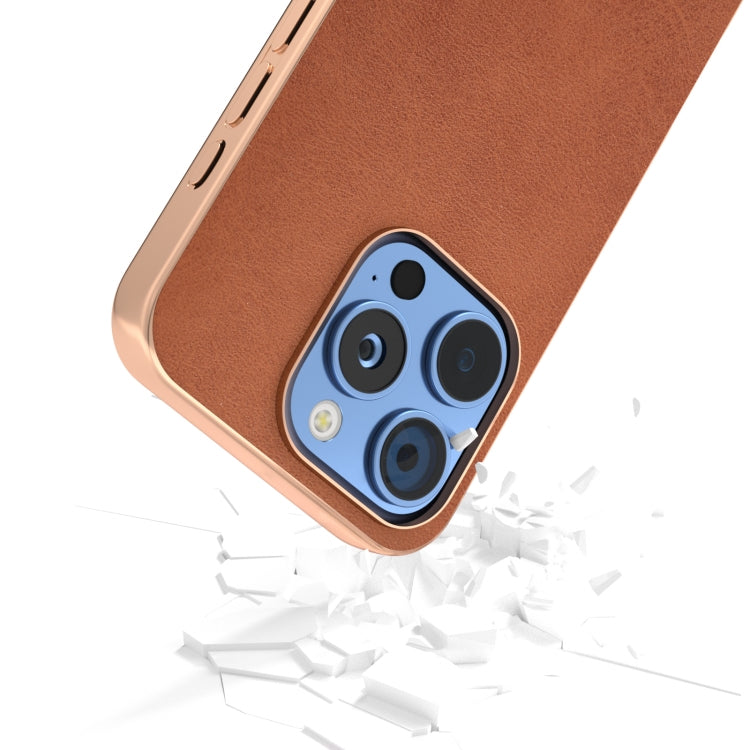 For iPhone 16 Pro Nano Electroplating Dual Color Cowhide Texture Protective Phone Case(Brown) - iPhone 16 Pro Cases by buy2fix | Online Shopping UK | buy2fix