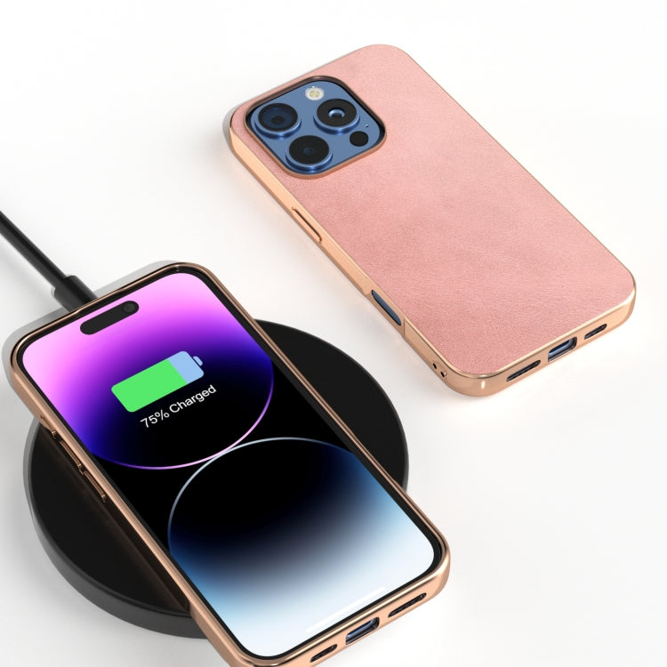 For iPhone 16 Pro Nano Electroplating Dual Color Cowhide Texture Protective Phone Case(Rose Gold) - iPhone 16 Pro Cases by buy2fix | Online Shopping UK | buy2fix