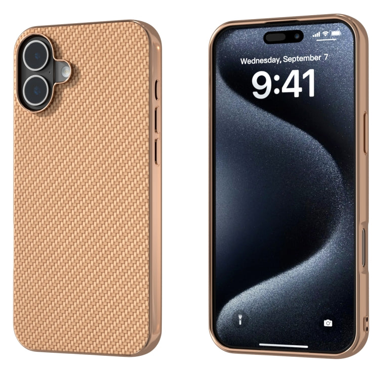 For iPhone 16 Plus Nano Electroplating Carbon Fiber Texture Phone Case(Gold) - iPhone 16 Plus Cases by buy2fix | Online Shopping UK | buy2fix