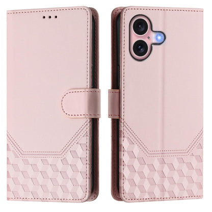 For iPhone 16 Honeycomb Embossing RFID Leather Phone Case(Pink) - iPhone 16 Cases by buy2fix | Online Shopping UK | buy2fix