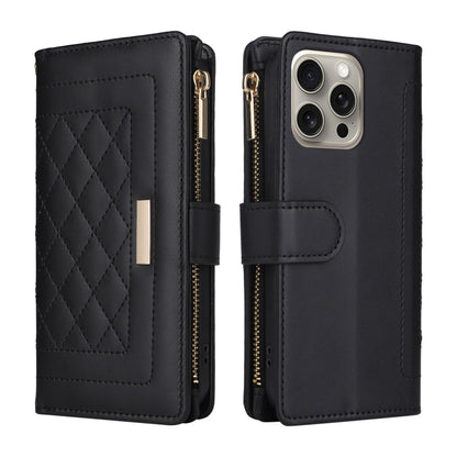 For iPhone 16 Pro Max Crossbody Zipper Wallet Rhombus Leather Phone Case(Black) - iPhone 16 Pro Max Cases by buy2fix | Online Shopping UK | buy2fix