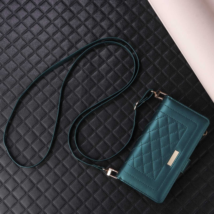 For iPhone 16 Crossbody Zipper Wallet Rhombus Leather Phone Case(Green) - iPhone 16 Cases by buy2fix | Online Shopping UK | buy2fix