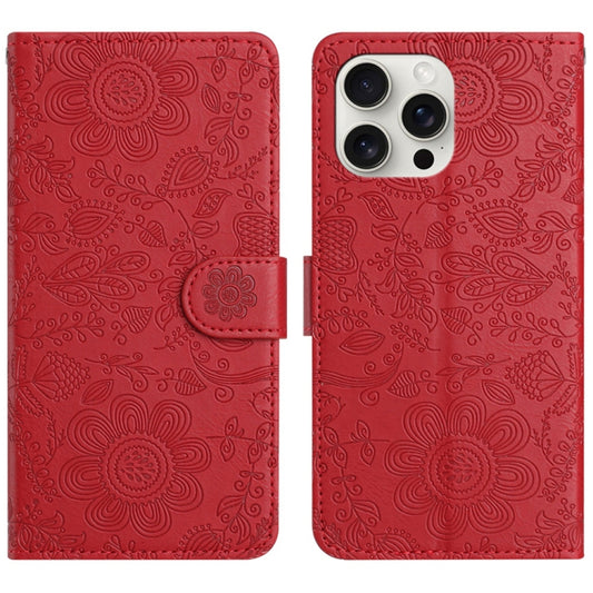 For iPhone 16 Pro Max Floral Embossed Pattern Leather Phone Case(Red) - iPhone 16 Pro Max Cases by buy2fix | Online Shopping UK | buy2fix