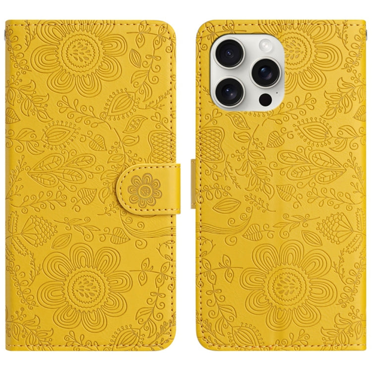 For iPhone 16 Pro Max Floral Embossed Pattern Leather Phone Case(Yellow) - iPhone 16 Pro Max Cases by buy2fix | Online Shopping UK | buy2fix