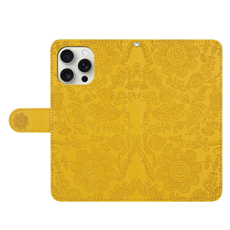 For iPhone 16 Pro Max Floral Embossed Pattern Leather Phone Case(Yellow) - iPhone 16 Pro Max Cases by buy2fix | Online Shopping UK | buy2fix