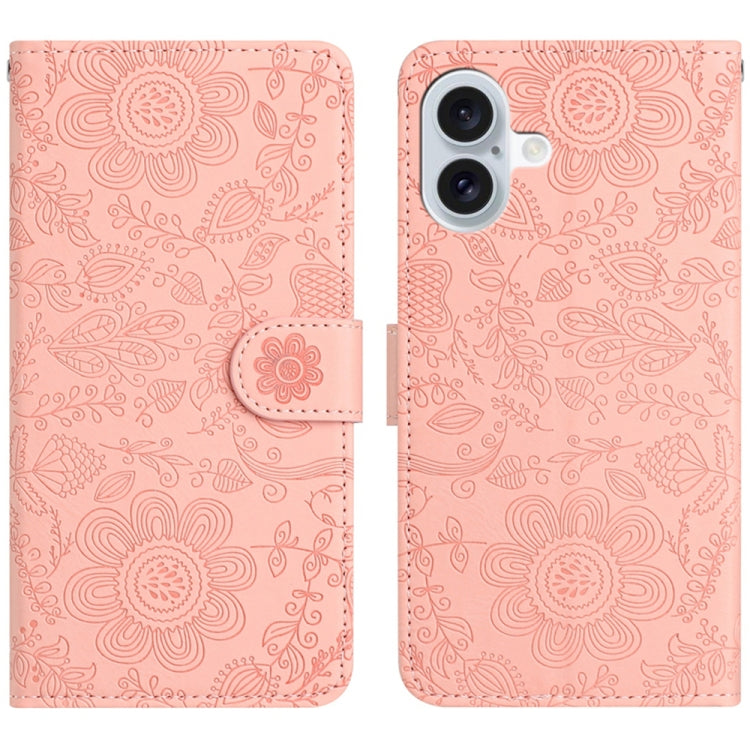 For iPhone 16 Floral Embossed Pattern Leather Phone Case(Pink) - iPhone 16 Cases by buy2fix | Online Shopping UK | buy2fix