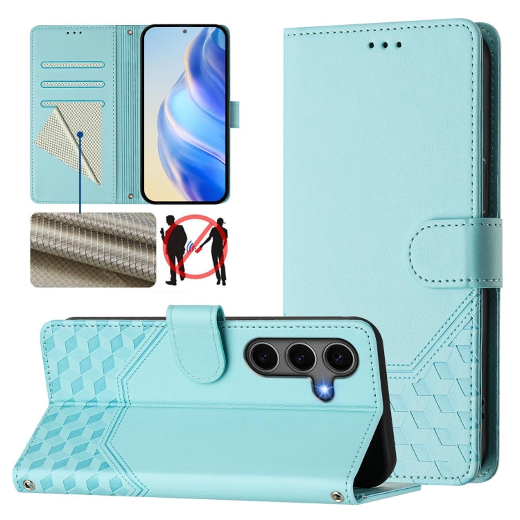 For Samsung Galaxy S25 5G Honeycomb Embossing RFID Leather Phone Case(Mint Green) - Galaxy S25 5G Cases by buy2fix | Online Shopping UK | buy2fix