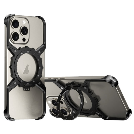 For iPhone 16 Pro Max Mechanical Gear MagSafe Holder Borderless Metal Phone Case(Black) - iPhone 16 Pro Max Cases by buy2fix | Online Shopping UK | buy2fix