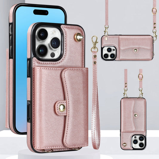 For iPhone 16 Pro Max RFID Card Slot Phone Case with Long Lanyard(Rose Gold) - iPhone 16 Pro Max Cases by buy2fix | Online Shopping UK | buy2fix