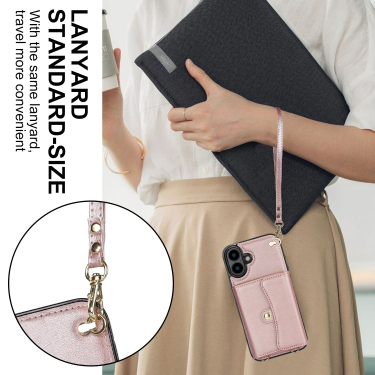 For iPhone 16 Plus RFID Card Slot Phone Case with Long Lanyard(Rose Gold) - iPhone 16 Plus Cases by buy2fix | Online Shopping UK | buy2fix