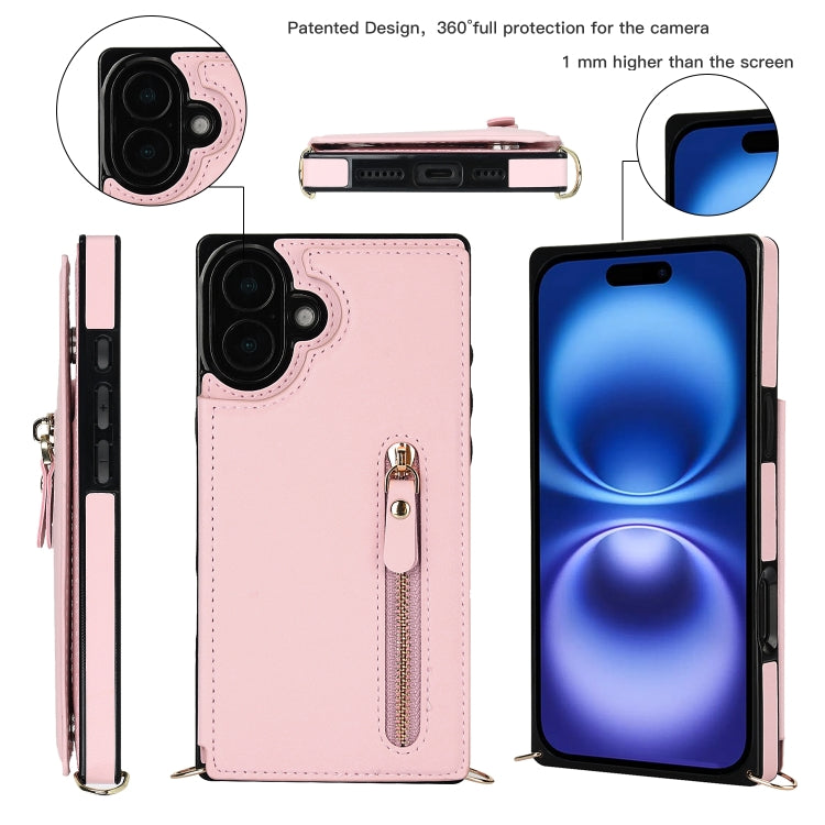 For iPhone 16 Plus Cross-body Zipper Square Phone Case(Pink) - iPhone 16 Plus Cases by buy2fix | Online Shopping UK | buy2fix