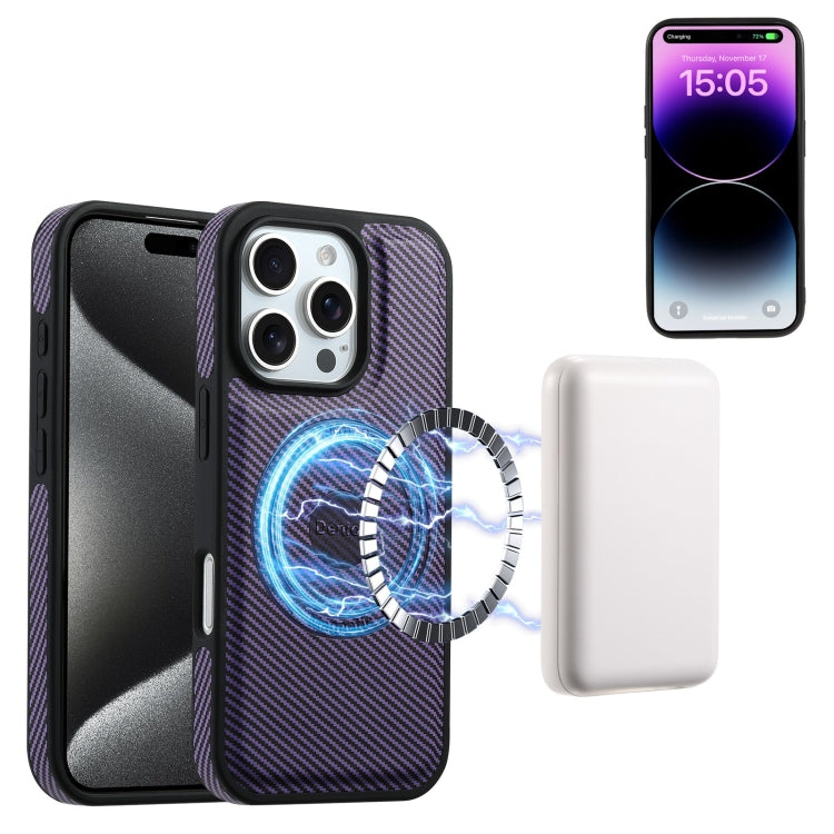 For iPhone 16 Pro Max Denior Carbon Fiber Texture Leather Card Bag MagSafe Phone Case(Purple) - iPhone 16 Pro Max Cases by Denior | Online Shopping UK | buy2fix