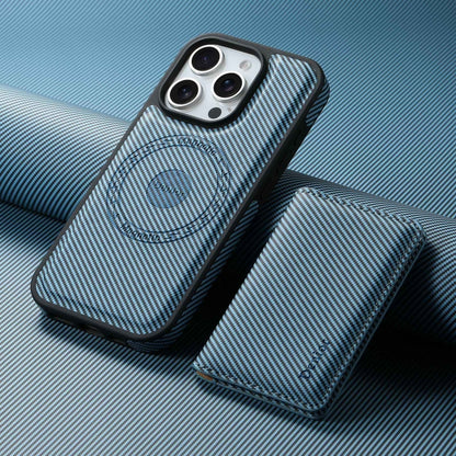 For iPhone 16 Pro Denior Carbon Fiber Texture Leather Card Bag MagSafe Phone Case(Blue) - iPhone 16 Pro Cases by Denior | Online Shopping UK | buy2fix