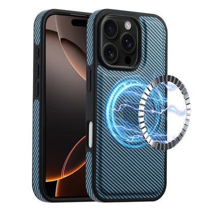 For iPhone 16 Pro Max Denior Carbon Fiber Texture Leather MagSafe Phone Case(Blue) - iPhone 16 Pro Max Cases by Denior | Online Shopping UK | buy2fix