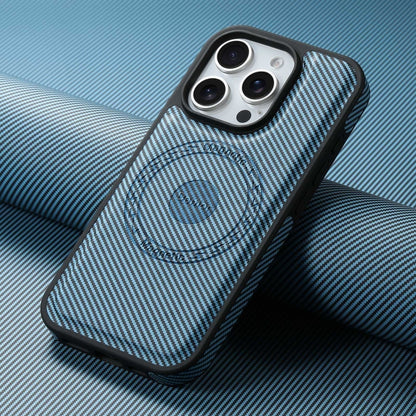 For iPhone 16 Pro Max Denior Carbon Fiber Texture Leather MagSafe Phone Case(Blue) - iPhone 16 Pro Max Cases by Denior | Online Shopping UK | buy2fix