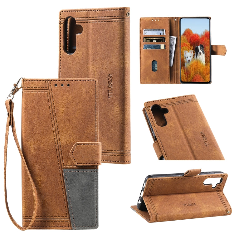 For Samsung Galaxy S25+ 5G TTUDRCH Embossed Line Splicing Leather Phone Case(Brown) - Galaxy S25+ 5G Cases by buy2fix | Online Shopping UK | buy2fix