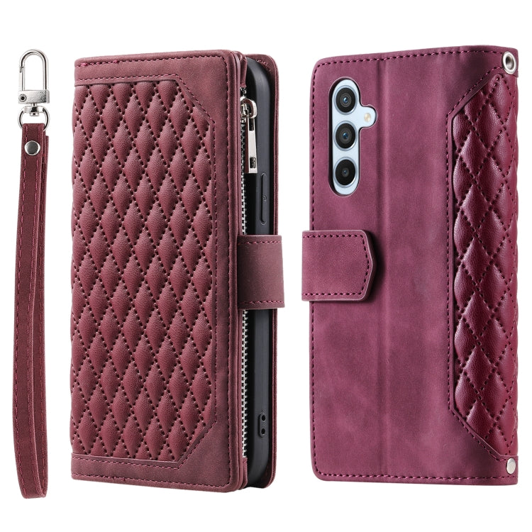 For Samsung Galaxy S25 5G Grid Texture Zipper Leather Phone Case with Lanyard(Wine Red) - Galaxy S25 5G Cases by buy2fix | Online Shopping UK | buy2fix