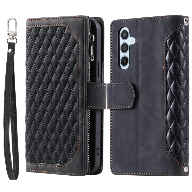 For Samsung Galaxy S25 5G Grid Texture Zipper Leather Phone Case with Lanyard(Black) - Galaxy S25 5G Cases by buy2fix | Online Shopping UK | buy2fix