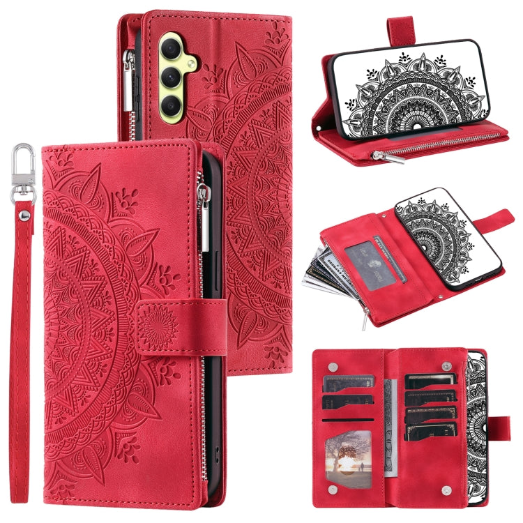 For Samsung Galaxy S25 5G Multi-Card Totem Zipper Leather Phone Case(Red) - Galaxy S25 5G Cases by buy2fix | Online Shopping UK | buy2fix